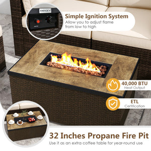 7 Pieces Outdoor Furniture Set with 32 Inch Fire Pit Table and Propane Tank Cover-White