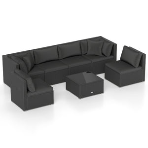 7 Pieces Sectional Wicker Furniture Sofa Set with Tempered Glass Top-Red