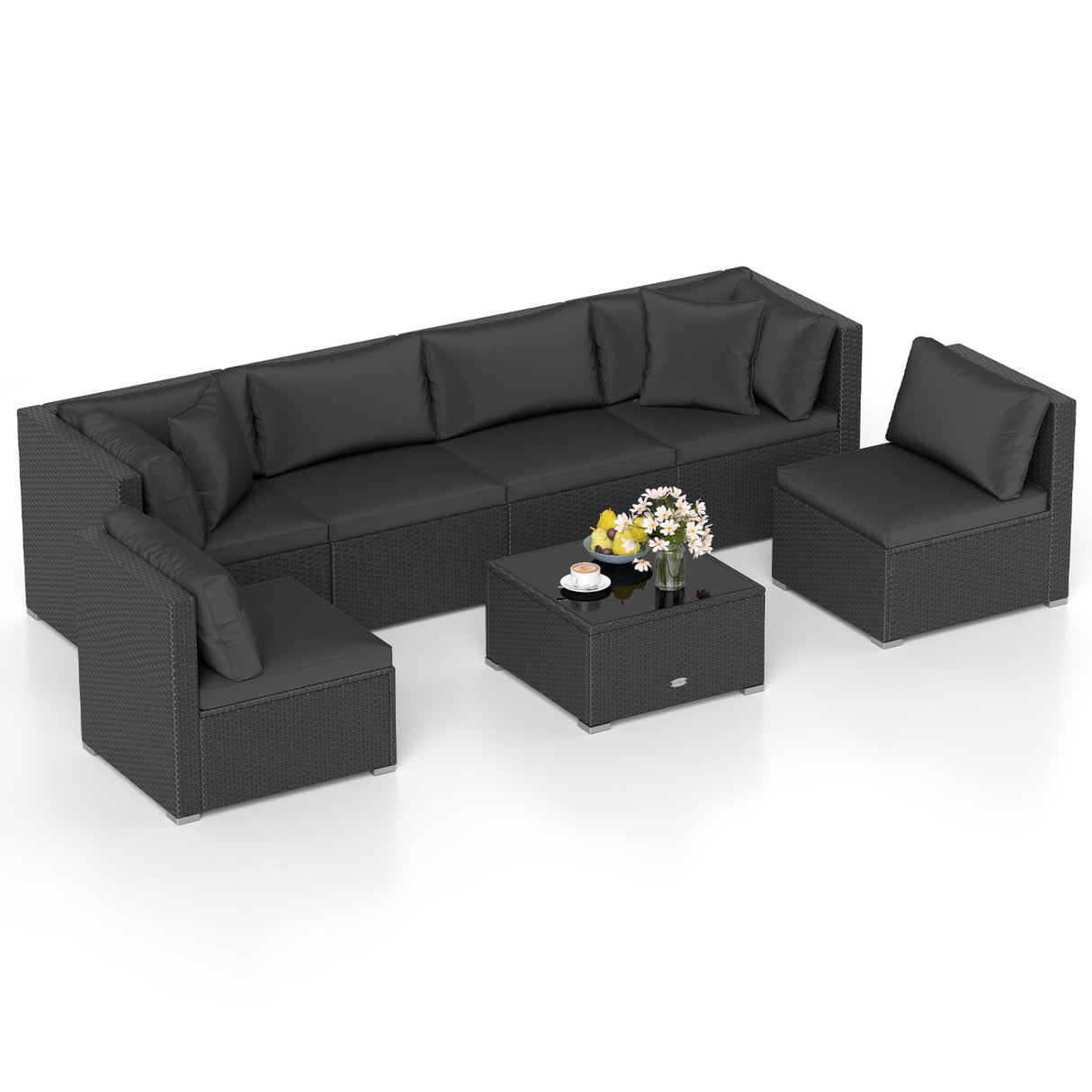 7 Pieces Sectional Wicker Furniture Sofa Set with Tempered Glass Top-Red