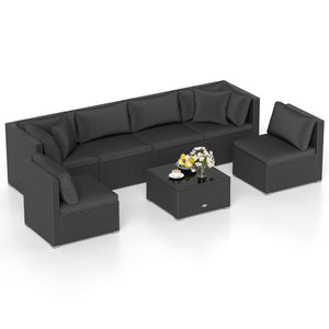 7 Pieces Sectional Wicker Furniture Sofa Set with Tempered Glass Top-Red