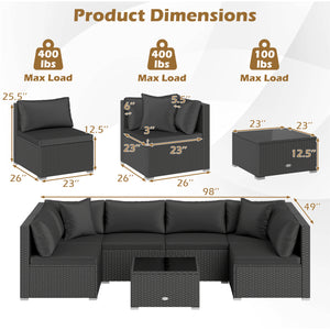 7 Pieces Sectional Wicker Furniture Sofa Set with Tempered Glass Top-Red