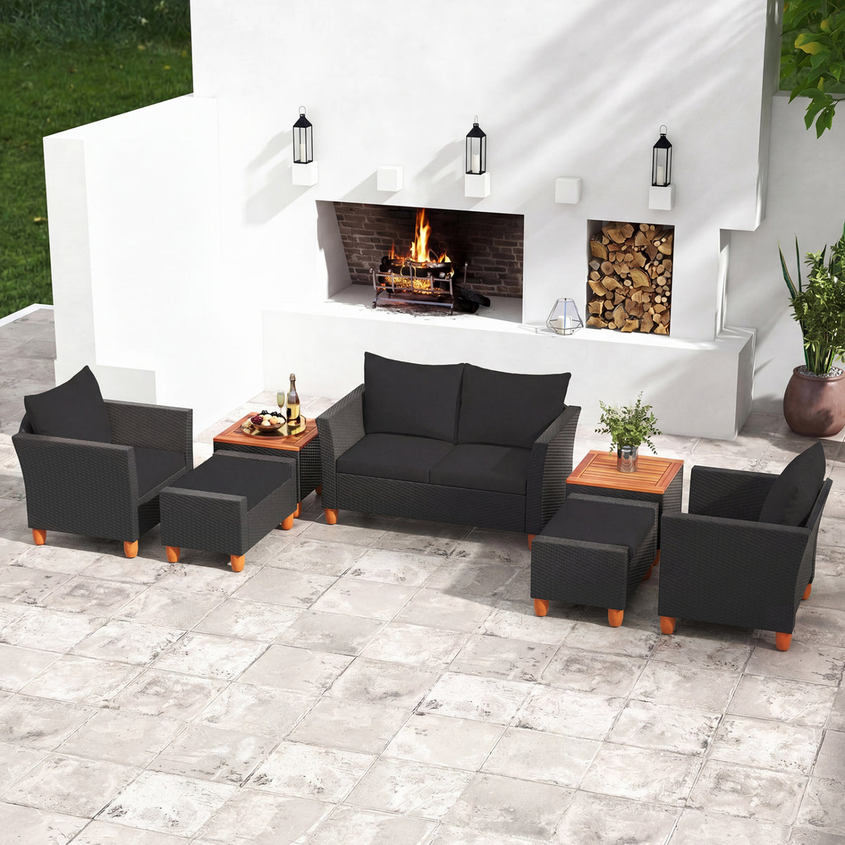 7 Pieces Patio Furniture PE Rattan Sectional Sofa Set with Armchairs and Table-Black