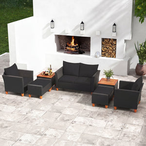 7 Pieces Patio Furniture PE Rattan Sectional Sofa Set with Armchairs and Table-Black