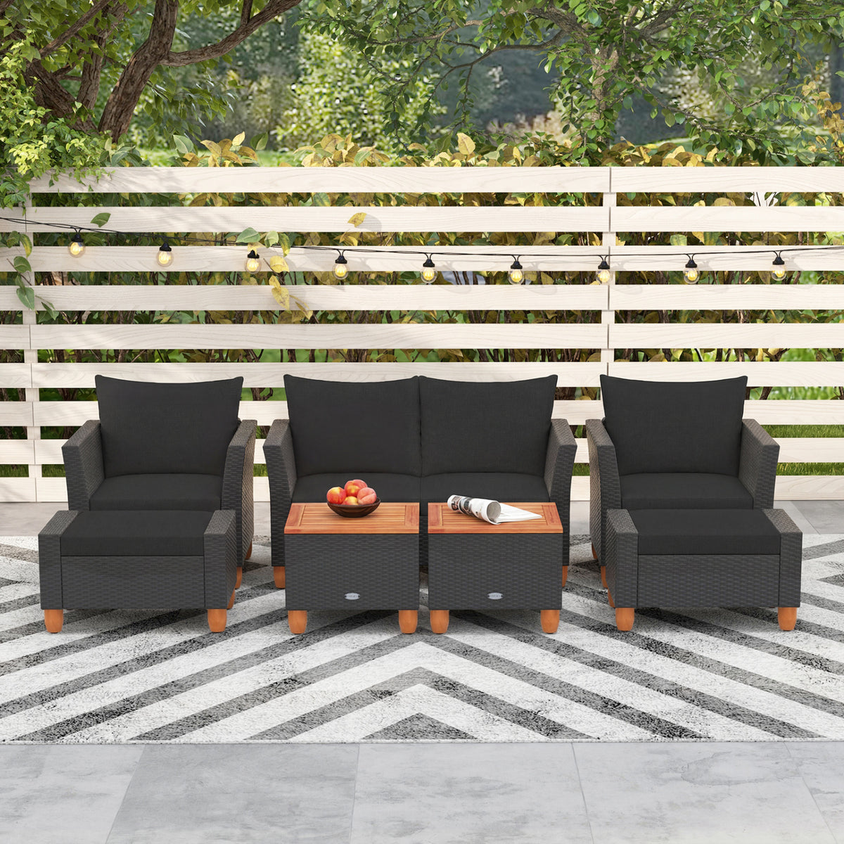 7 Pieces Patio Furniture PE Rattan Sectional Sofa Set with Armchairs and Table-Black