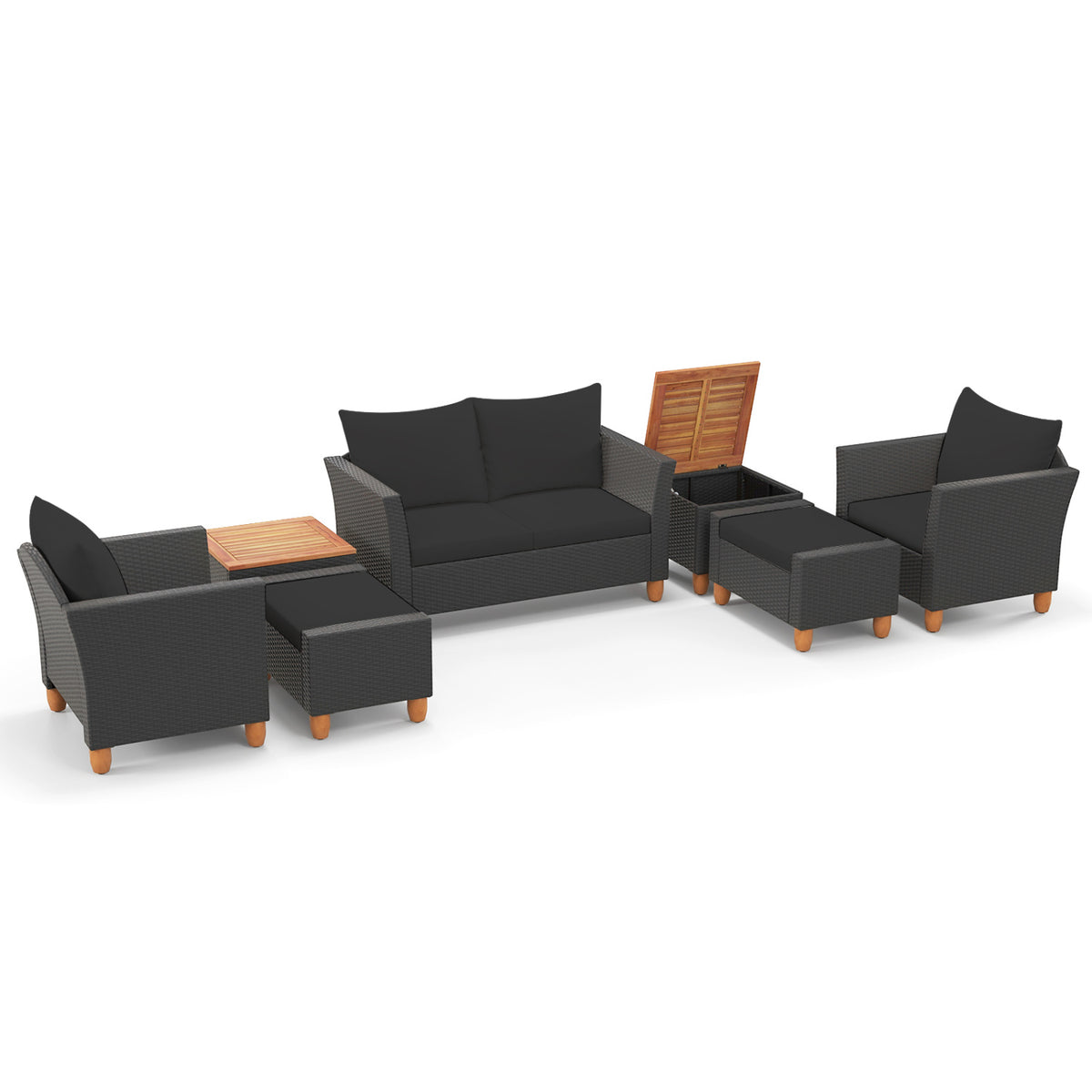 7 Pieces Patio Furniture PE Rattan Sectional Sofa Set with Armchairs and Table-Black