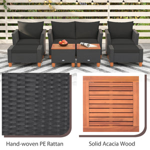 7 Pieces Patio Furniture PE Rattan Sectional Sofa Set with Armchairs and Table-Black