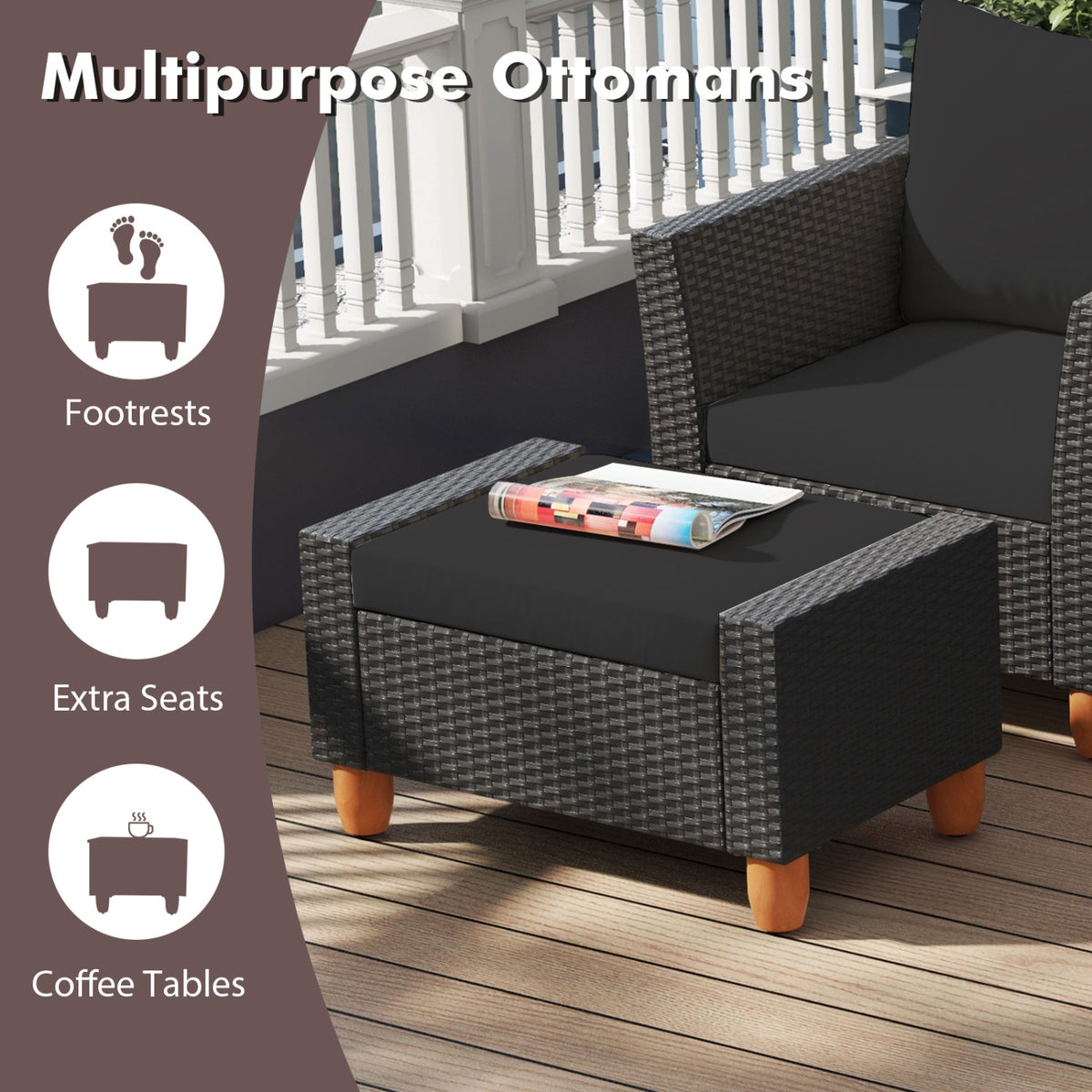 7 Pieces Patio Furniture PE Rattan Sectional Sofa Set with Armchairs and Table-Black