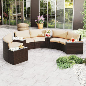 7 Pieces Patio Furniture Set PE Rattan Half-Moon Curved Sofas with Side Tables-Brown