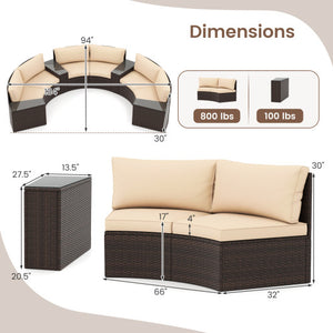 7 Pieces Patio Furniture Set PE Rattan Half-Moon Curved Sofas with Side Tables-Brown