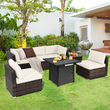 7 Pieces Patio Furniture Set with 28 Inches 50000 BTU Propane Gas Fire Pit Table-White