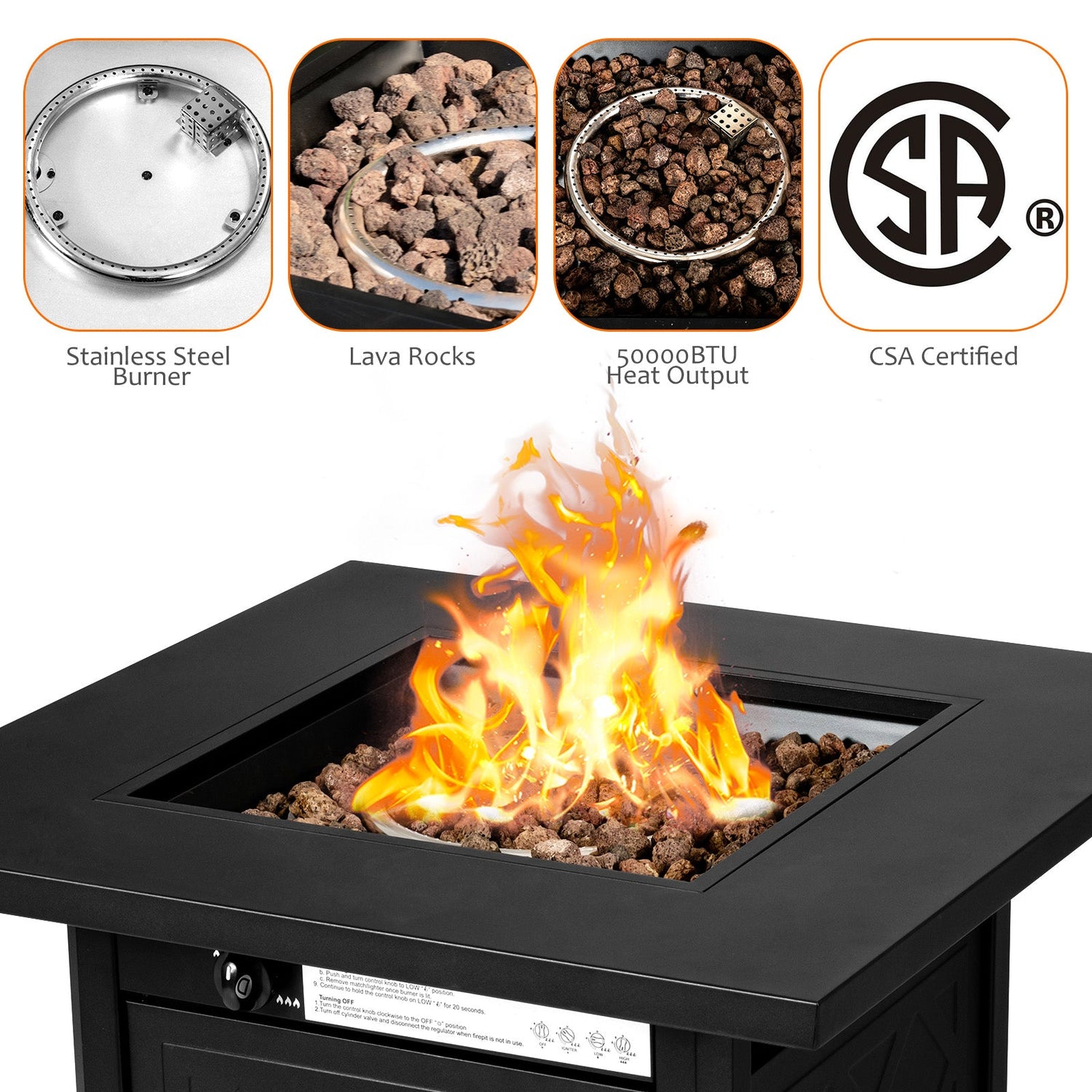 7 Pieces Patio Furniture Set with 28 Inches 50000 BTU Propane Gas Fire Pit Table-White