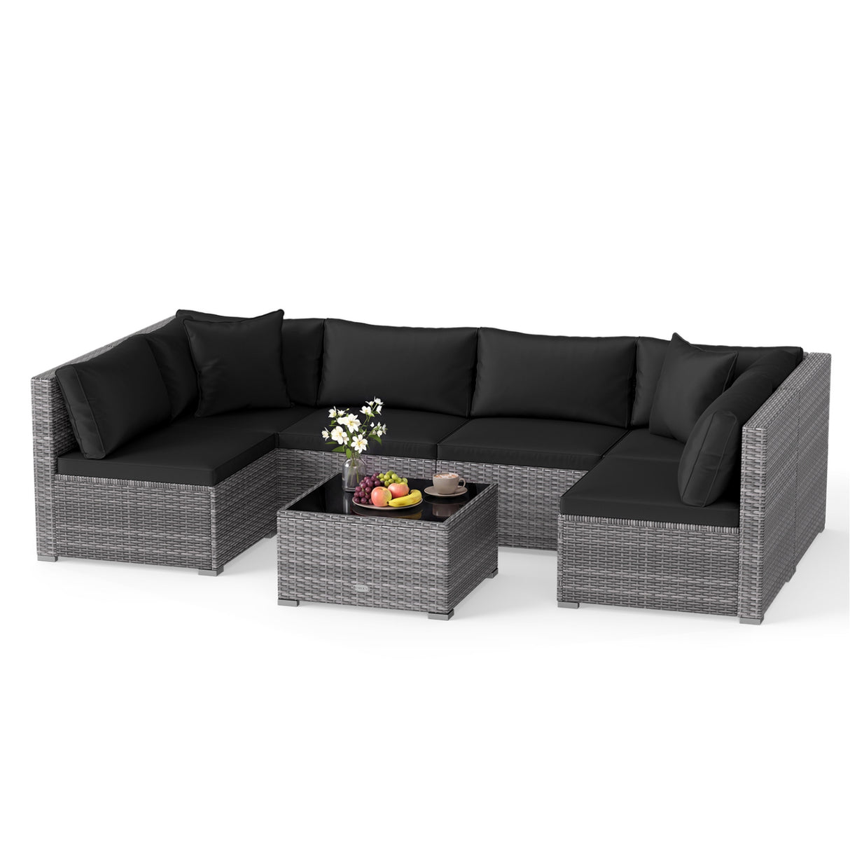 7 Pieces Patio Rattan Furniture Set Sectional Sofa Garden Cushion-Red