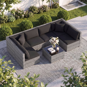 7 Pieces Patio Rattan Furniture Set Sectional Sofa Garden Cushion-Red