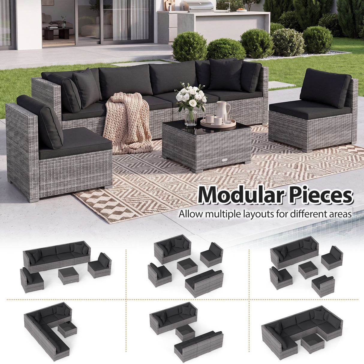 7 Pieces Patio Rattan Furniture Set Sectional Sofa Garden Cushion-Red