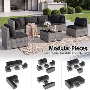 7 Pieces Patio Rattan Furniture Set Sectional Sofa Garden Cushion-Red
