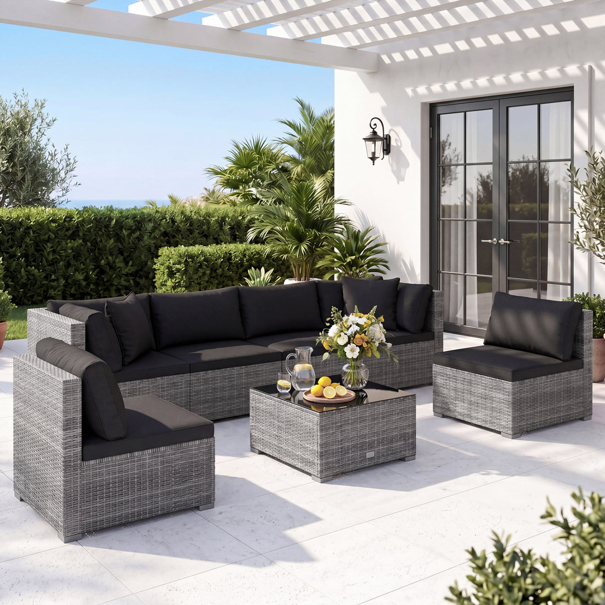7 Pieces Patio Rattan Furniture Set Sectional Sofa Garden Cushion-Red
