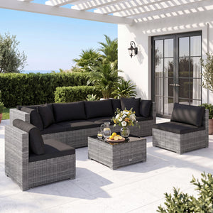 7 Pieces Patio Rattan Furniture Set with Sectional Sofa Cushioned-Black