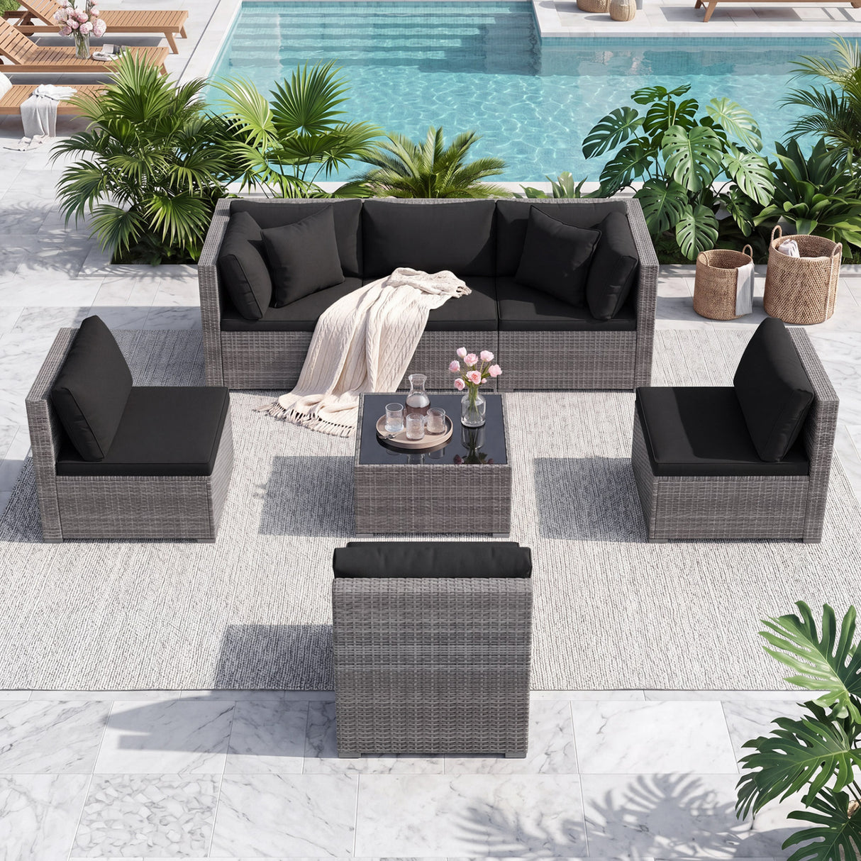 7 Pieces Patio Rattan Furniture Set Sectional Sofa Garden Cushion-Red