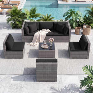7 Pieces Patio Rattan Furniture Set Sectional Sofa Garden Cushion-Red