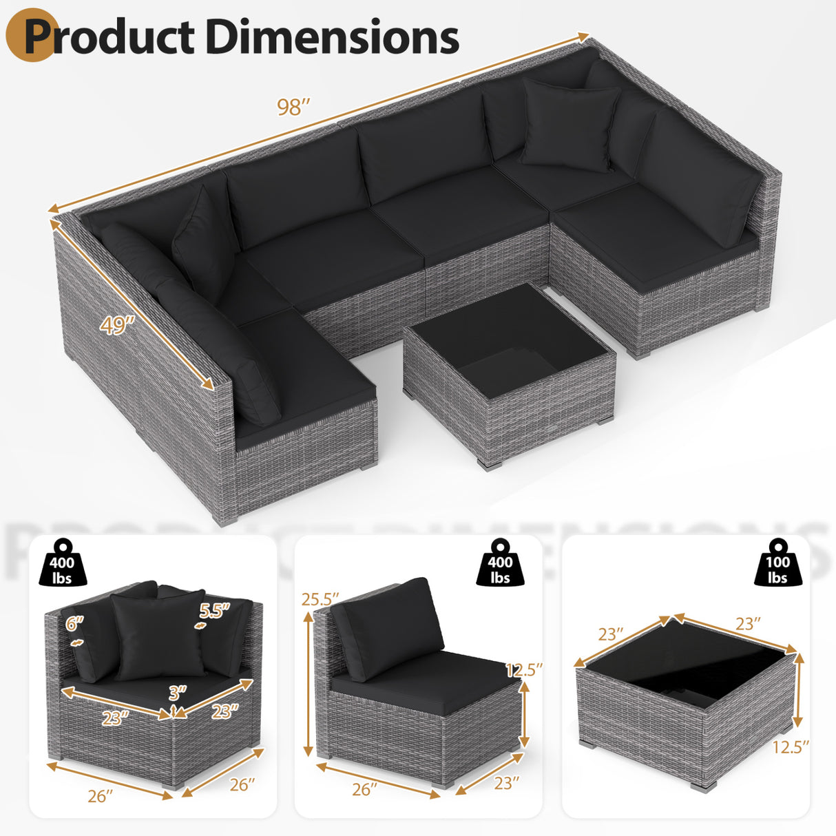 7 Pieces Patio Rattan Furniture Set with Sectional Sofa Cushioned-Black