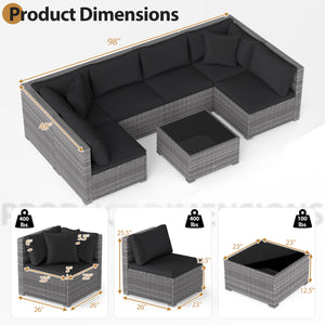 7 Pieces Patio Rattan Furniture Set with Sectional Sofa Cushioned-Black