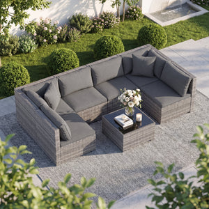 7 Pieces Patio Rattan Furniture Set Sectional Sofa Garden Cushion-Gray