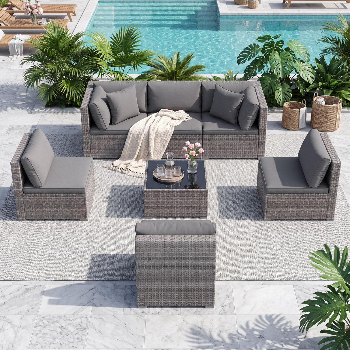 7 Pieces Patio Rattan Furniture Set Sectional Sofa Garden Cushion-Gray