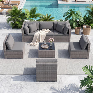 7 Pieces Patio Rattan Furniture Set Sectional Sofa Garden Cushion-Gray