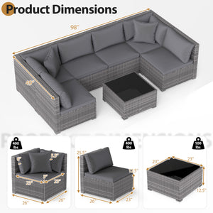 7 Pieces Patio Rattan Furniture Set Sectional Sofa Garden Cushion-Gray