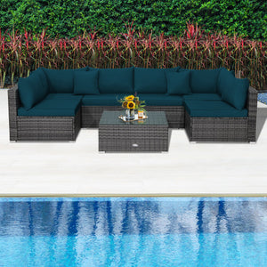 7 Pieces Patio Rattan Furniture Set with Sectional Sofa Cushioned-Green