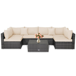 7 Pieces Patio Rattan Furniture Set with Sectional Sofa Cushioned-Beige