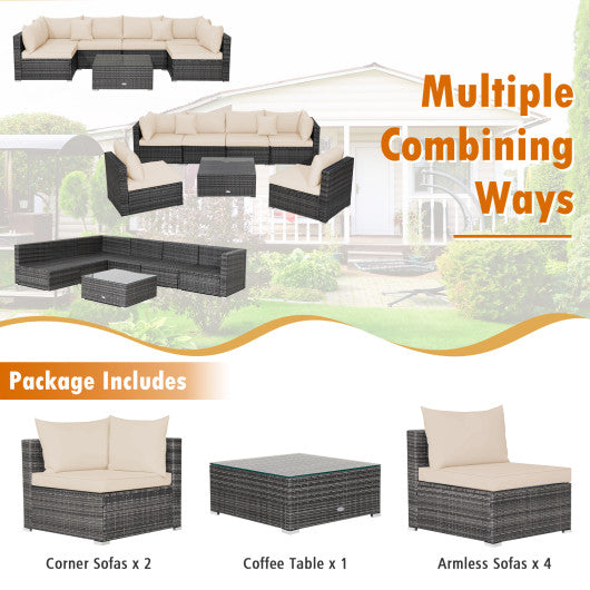 7 Pieces Patio Rattan Furniture Set with Sectional Sofa Cushioned-Beige