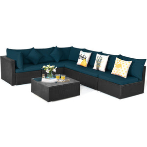 7 Pieces Sectional Wicker Furniture Sofa Set with Tempered Glass Top-Peacock Blue