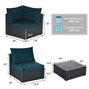 7 Pieces Sectional Wicker Furniture Sofa Set with Tempered Glass Top-Peacock Blue