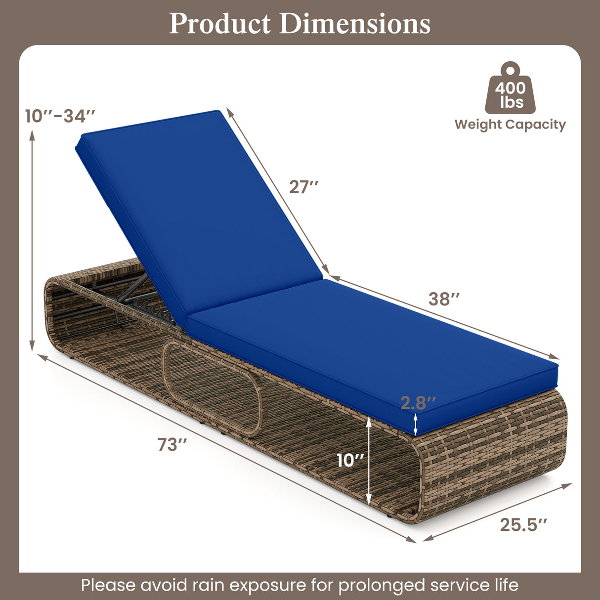 7-Position Adjustable PE Rattan Outdoor Chaise Lounge Chair-Navy