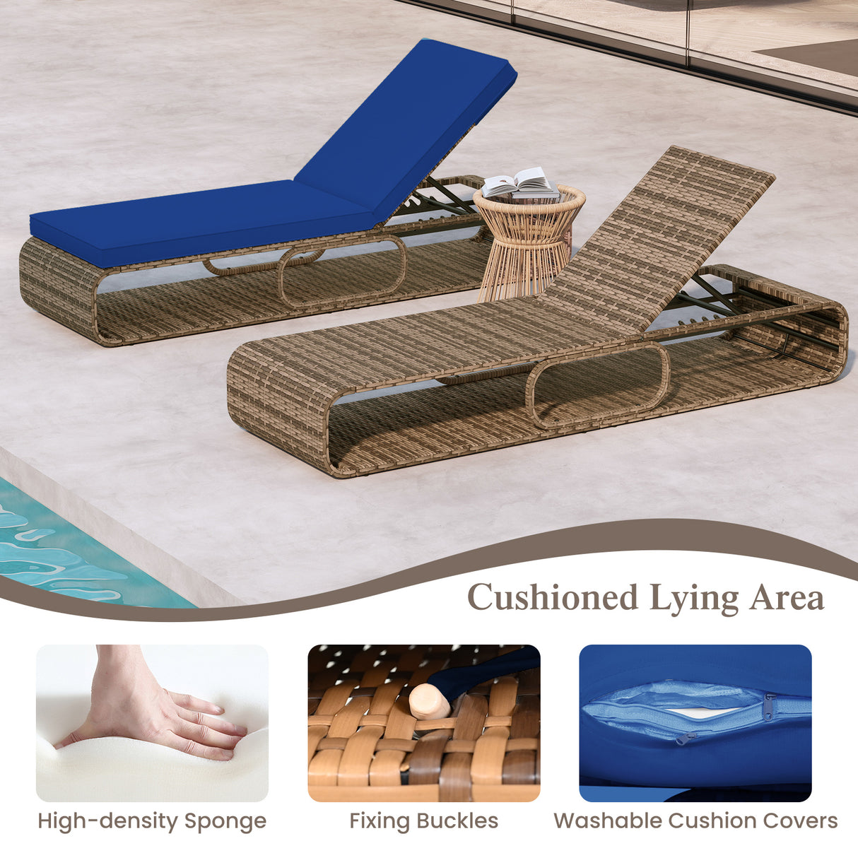 7-Position Adjustable PE Rattan Outdoor Chaise Lounge Chair-Navy