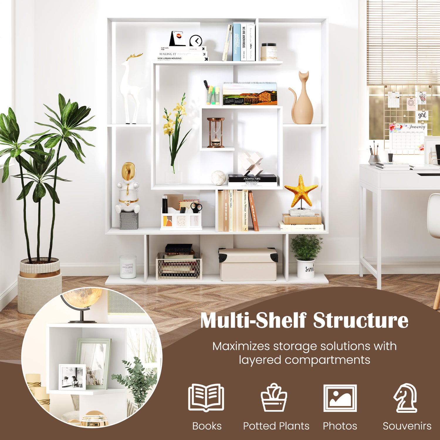 7-Tier Bookshelf  Open Display Shelf Rack for Home Office-White