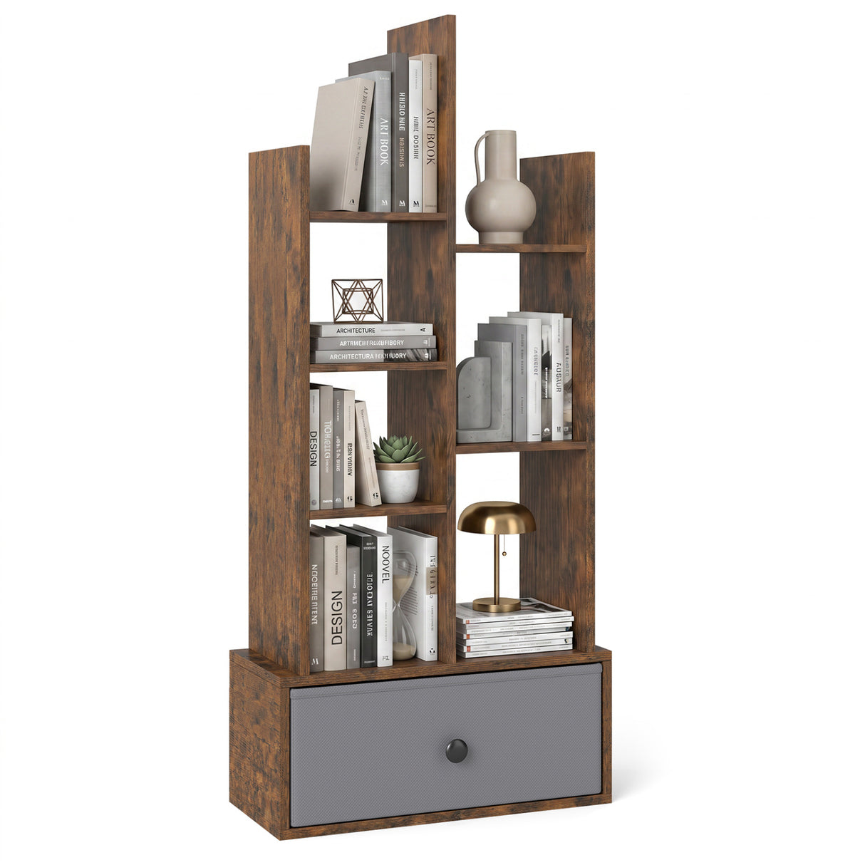 7-Tier Open-Back Bookshelf with Drawer-Rustic Brown