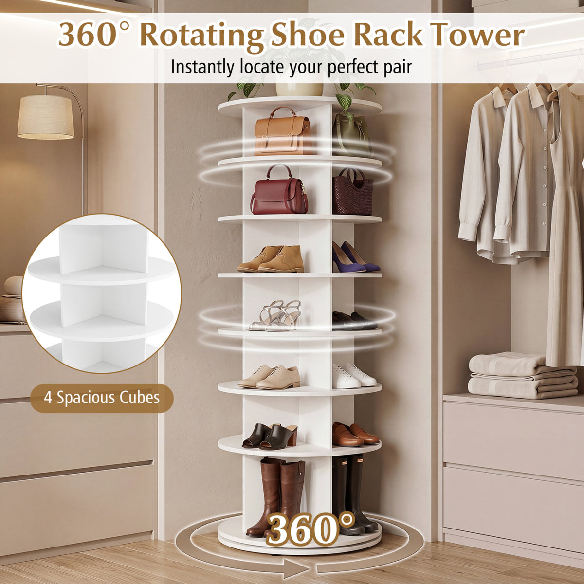 7-Tier Rotating Shoe Rack Tower Freestanding Spinning Shoe Organizer-White