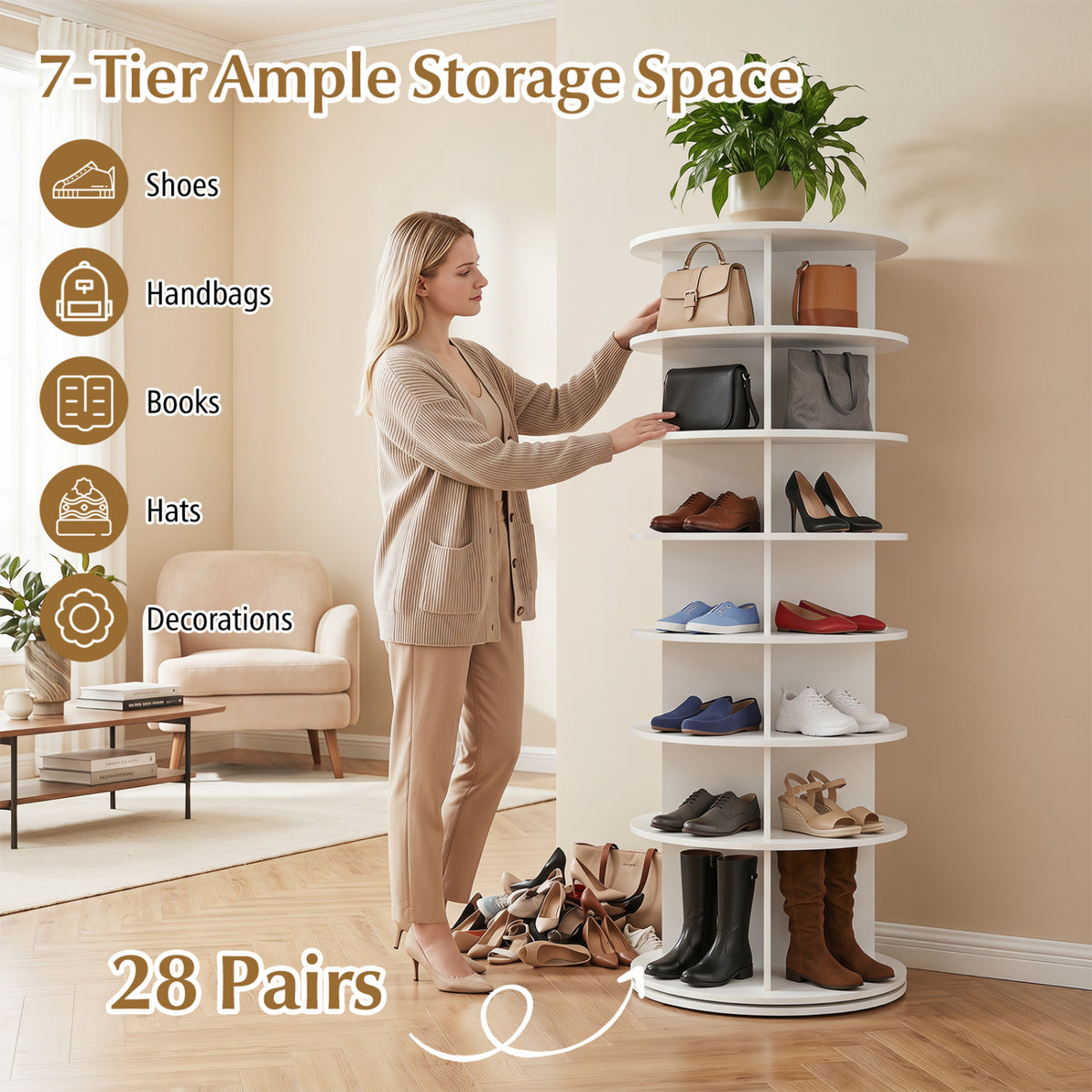 7-Tier Rotating Shoe Rack Tower Freestanding Spinning Shoe Organizer-White