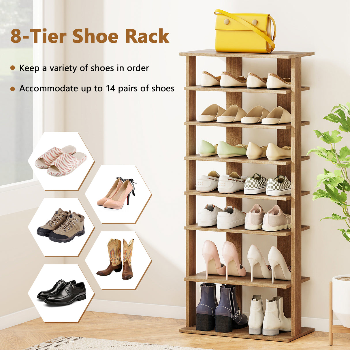 7 Tiers Patented Vertical Shoe Rack for Front Door-Natural