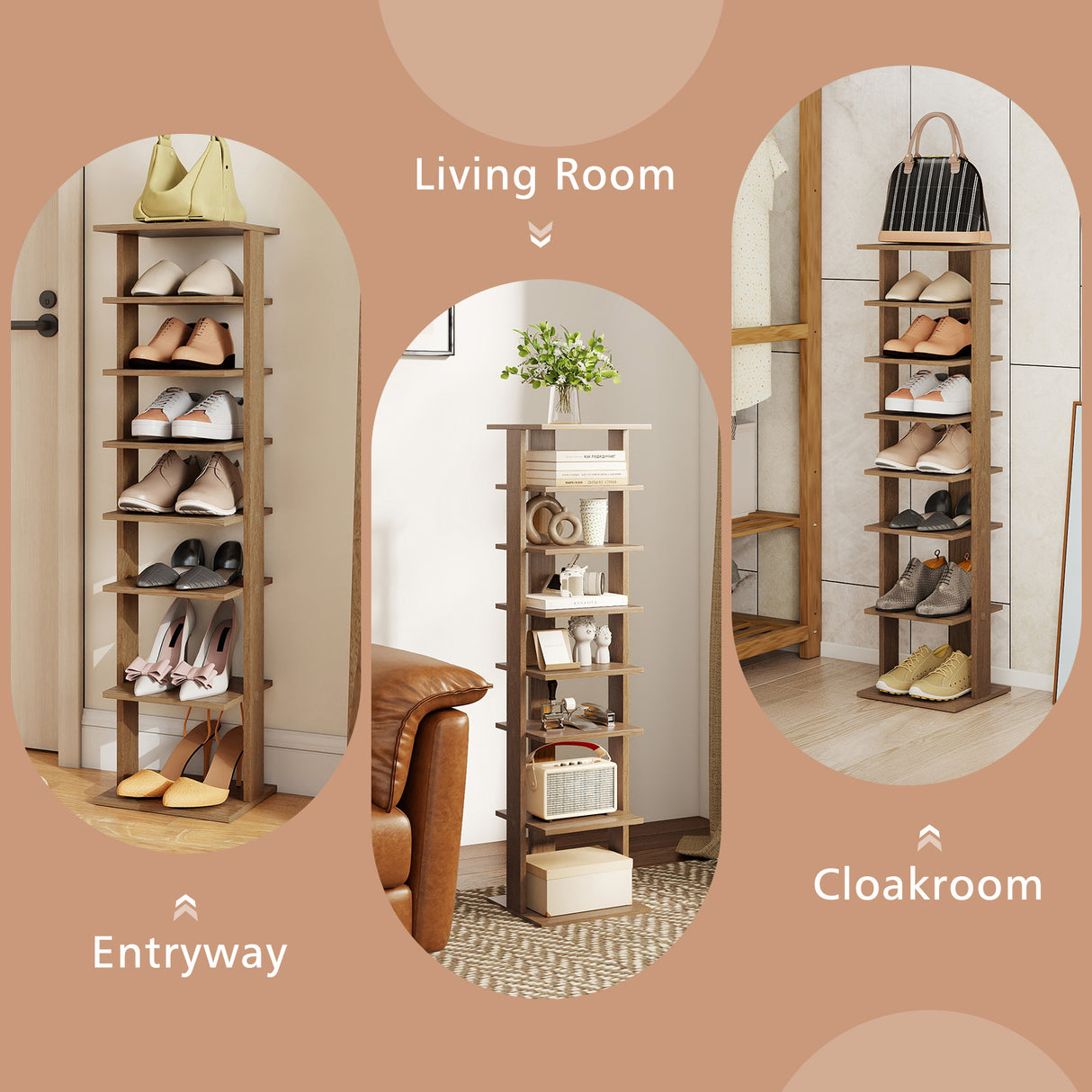 7-Tiers Vertical Wooden Space Saving Shoe Rack for Front Door-Natural