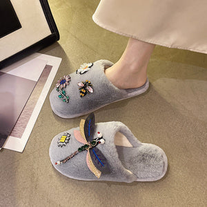 Winter Woman Warm Home Slippers Women Diamond Flip Flops Fur Slides Anti-slip Indoor Slippers Slip On Bedroom Shoes Memory Foam Wool Lining Indoor Ourdoor Non Skid Slippers