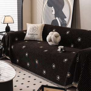 Chenille Camellia Floral Sofa Throw Cover Couch Blanket with Striped Jacquard