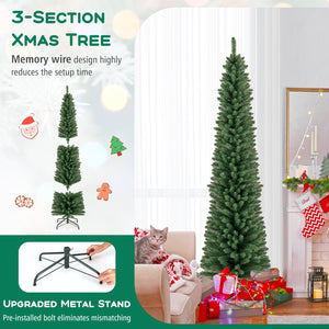 5/6/7/8 Feet Pencil Christmas Tree with 295/392/523/671 Memory Wire Branch Tips and Upgraded Metal Stand-7 ft