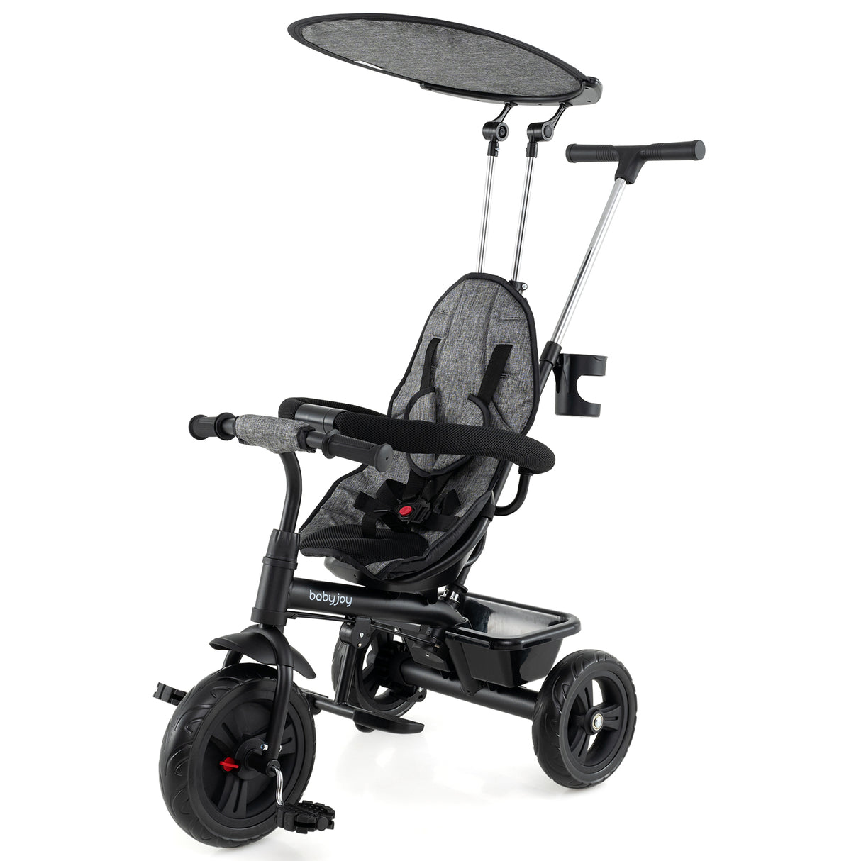 7-in-1 Baby Stroller Tricycle with Adjustable Canopy and Foldable Footrests for Ages 9-60 Months Old-Gray