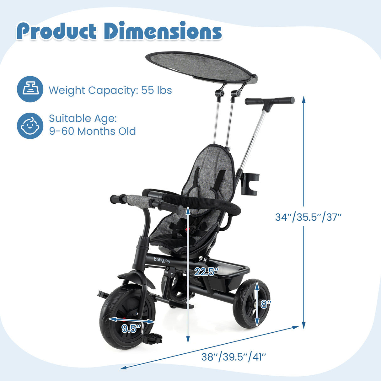 7-in-1 Baby Stroller Tricycle with Adjustable Canopy and Foldable Footrests for Ages 9-60 Months Old-Gray