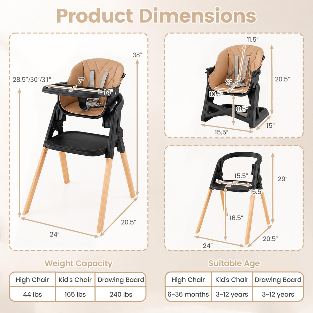 7-in-1 Convertible Foldable Baby High Chair with Adjustable Tray for Kids-Brown
