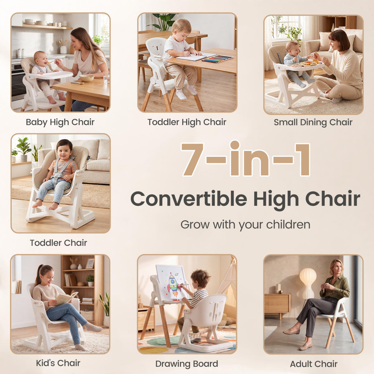 7-in-1 Convertible Foldable Baby High Chair with Adjustable Tray for Kids-Beige