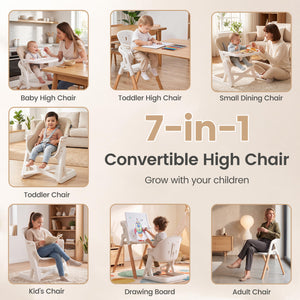 7-in-1 Convertible Foldable Baby High Chair with Adjustable Tray for Kids-Beige